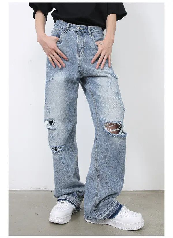 Japanese Brand Man American retro street men's versatile loose ripped jeans Size US 32 / EU 48 - 6 Thumbnail