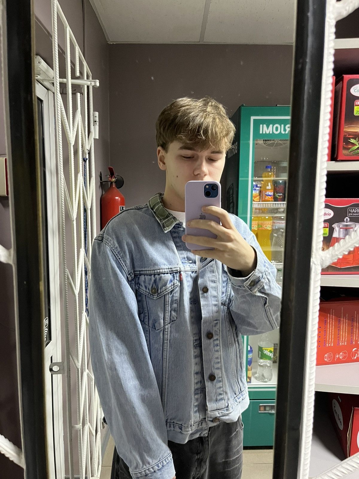 Levi's × Levi's Vintage Clothing × Vintage RARE Vintage 90s Levis Y2K Collar Plaid Denim Jacket Size US XL / EU 56 / 4 - 1 Thumbnail