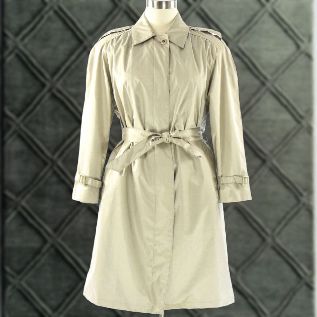 VINTAGE 80s British Mist Trenchcoat Beige Nylon Coat Womens L Beige Utility Raincoat Jacket Weatherproof