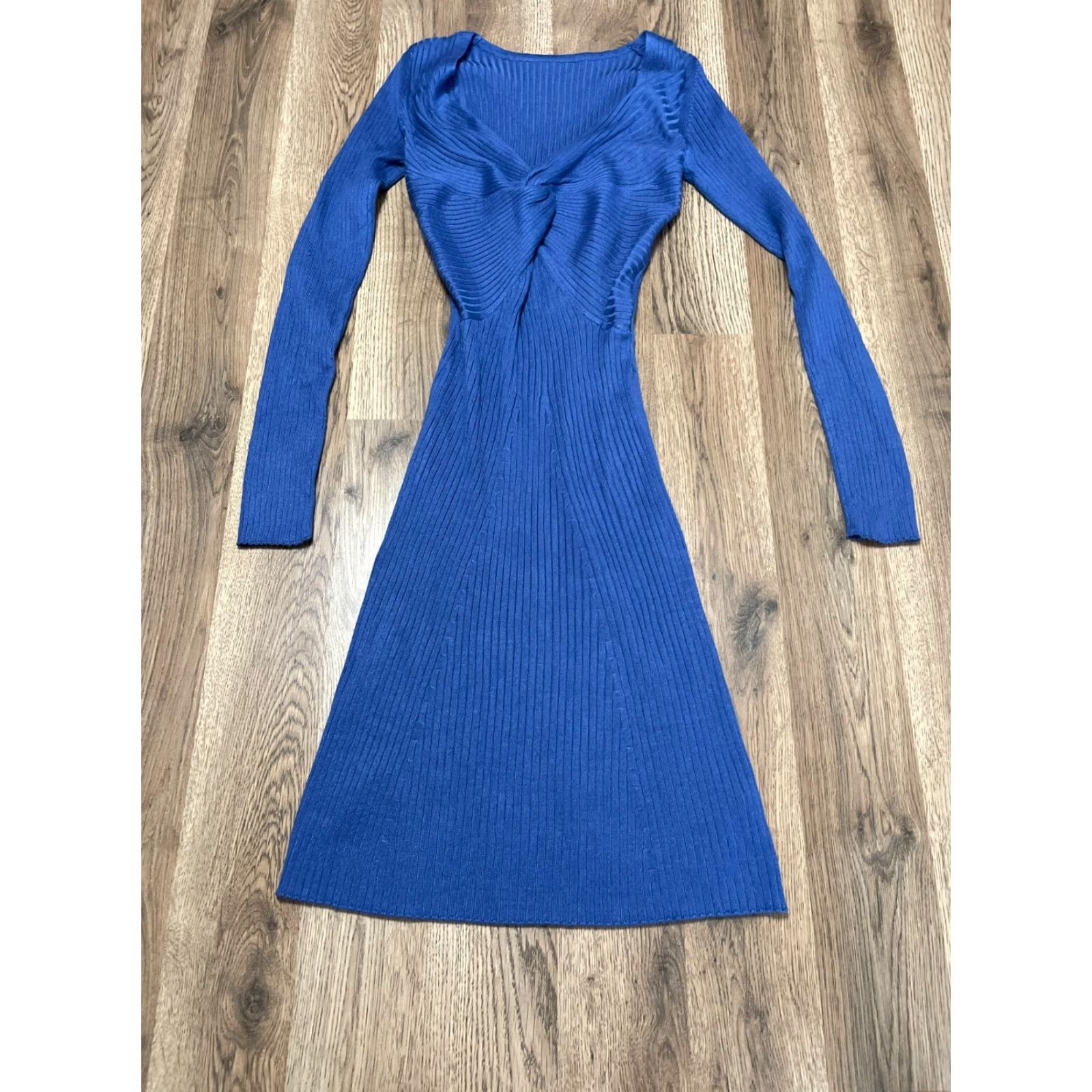 Vintage Blooming Jelly Dress Women's XL Blue Long Sleeve V-Neck Twist Front Midi Casual Bodycon - Womens Size XL / US 12-14 / IT 48-50 - 2 Thumbnail