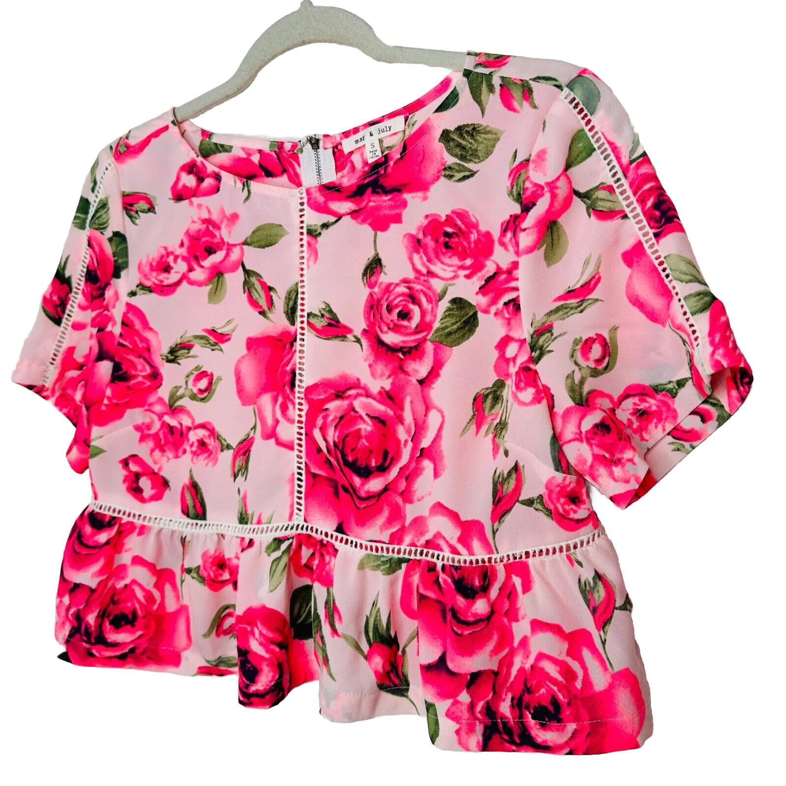 Other May & July Hot Pink & Green Floral Short Sleeve Crop Blouse Size S / US 4 / IT 40 - 1 Thumbnail