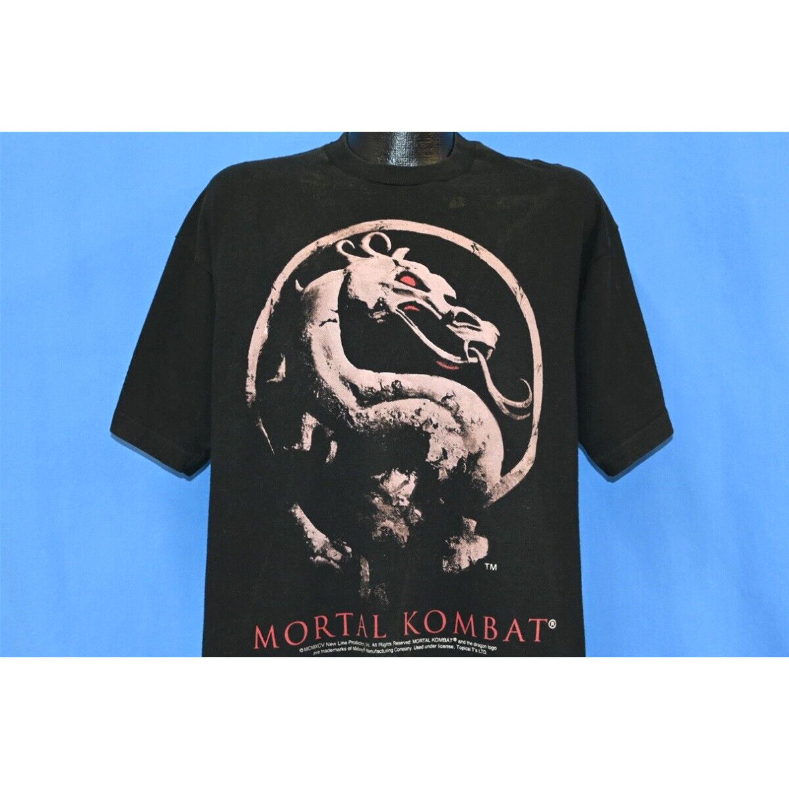 Image of Fruit Of The Loom VTG 90's Mortal Kombat Movie Dragon Logo 1995 Film Video Game Black T-Shirt XL in