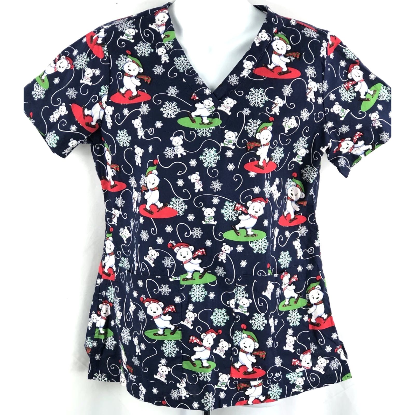 Vintage Med Couture Scrubs Top M Christmas Bears ShortSleeve Pockets PullOver Blue Womens Size US M / EU 48-50 / 2 - 5 Thumbnail