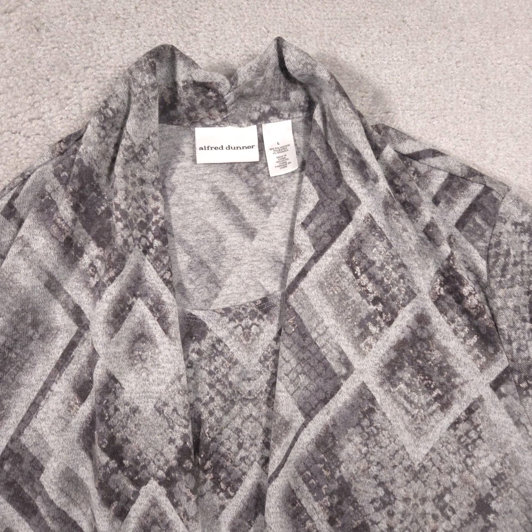 Vintage Alfred Dunner Cardigan Sweater Womens L Gray Geometric Open Front Knit V-Neck 3/4 Sleeve Casual Fall Size L / US 10 / IT 46 - 3 Thumbnail