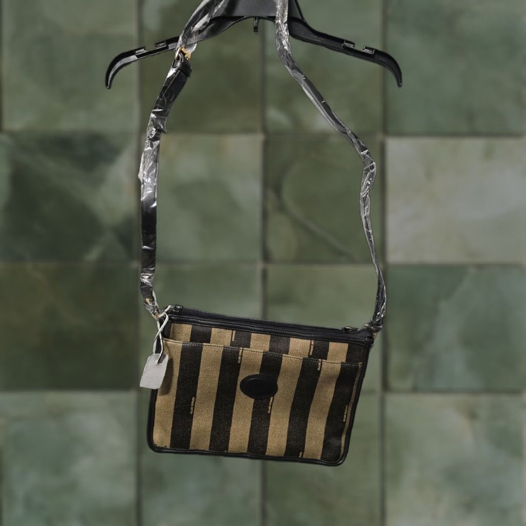 Vintage Allan Edwards Crossbody Purse Bag Medium Black Gold Striped Leather 80's 90's Womens in White