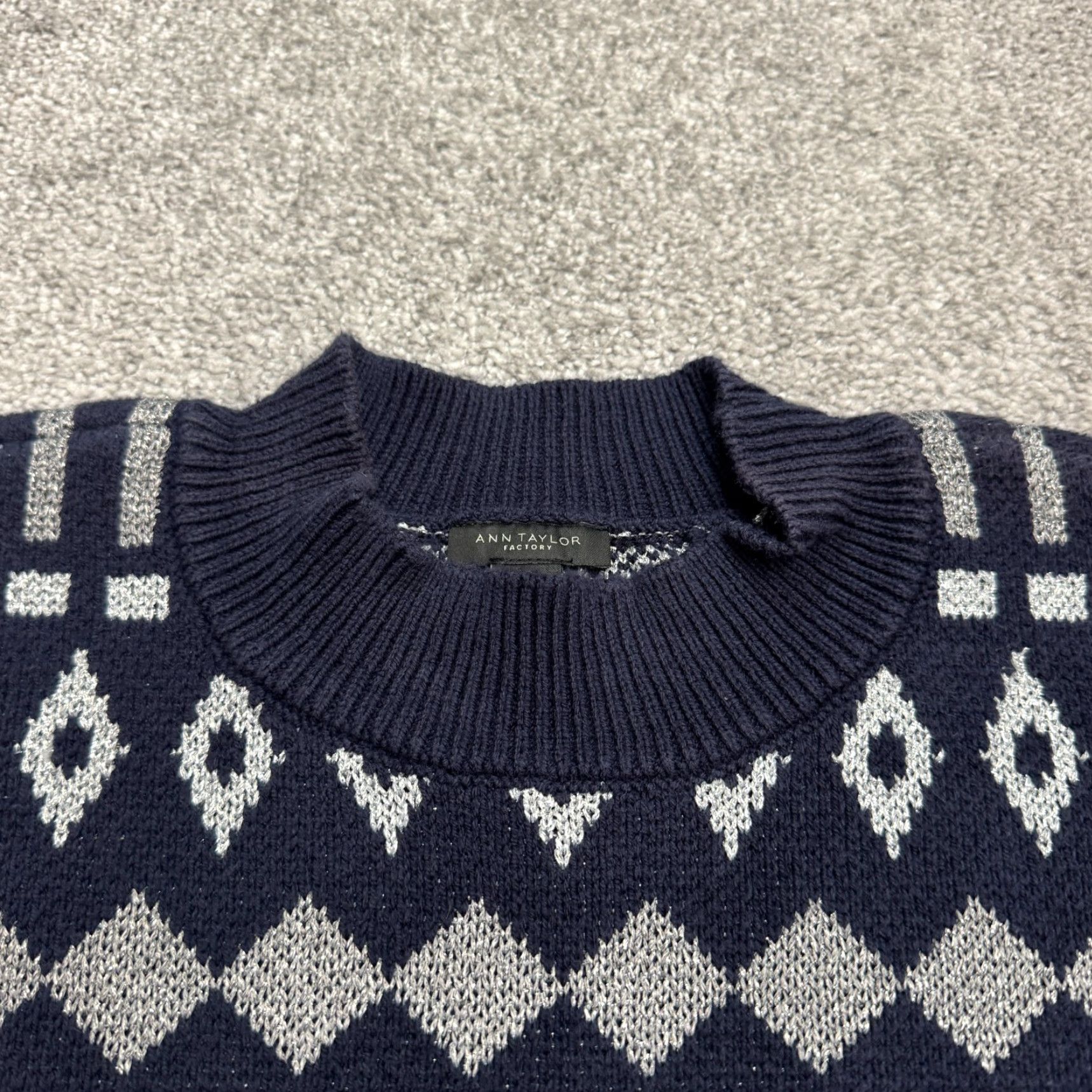Ann Taylor Ann Taylor Sweater Womens XL Navy Silver Fair Isle Metallic Pullover Knit Autumn Winter Womens Size XL / US 12-14 / IT 48-50 - 3 Thumbnail