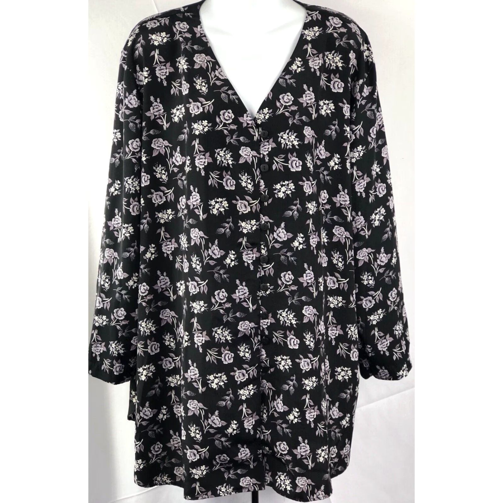 Vintage VINTAGE Jaclyn Smith Blouse 22W Black Floral V-Neck ButtonUp Boho Career Womens Size 3XL / US 20-22 - 2 Thumbnail