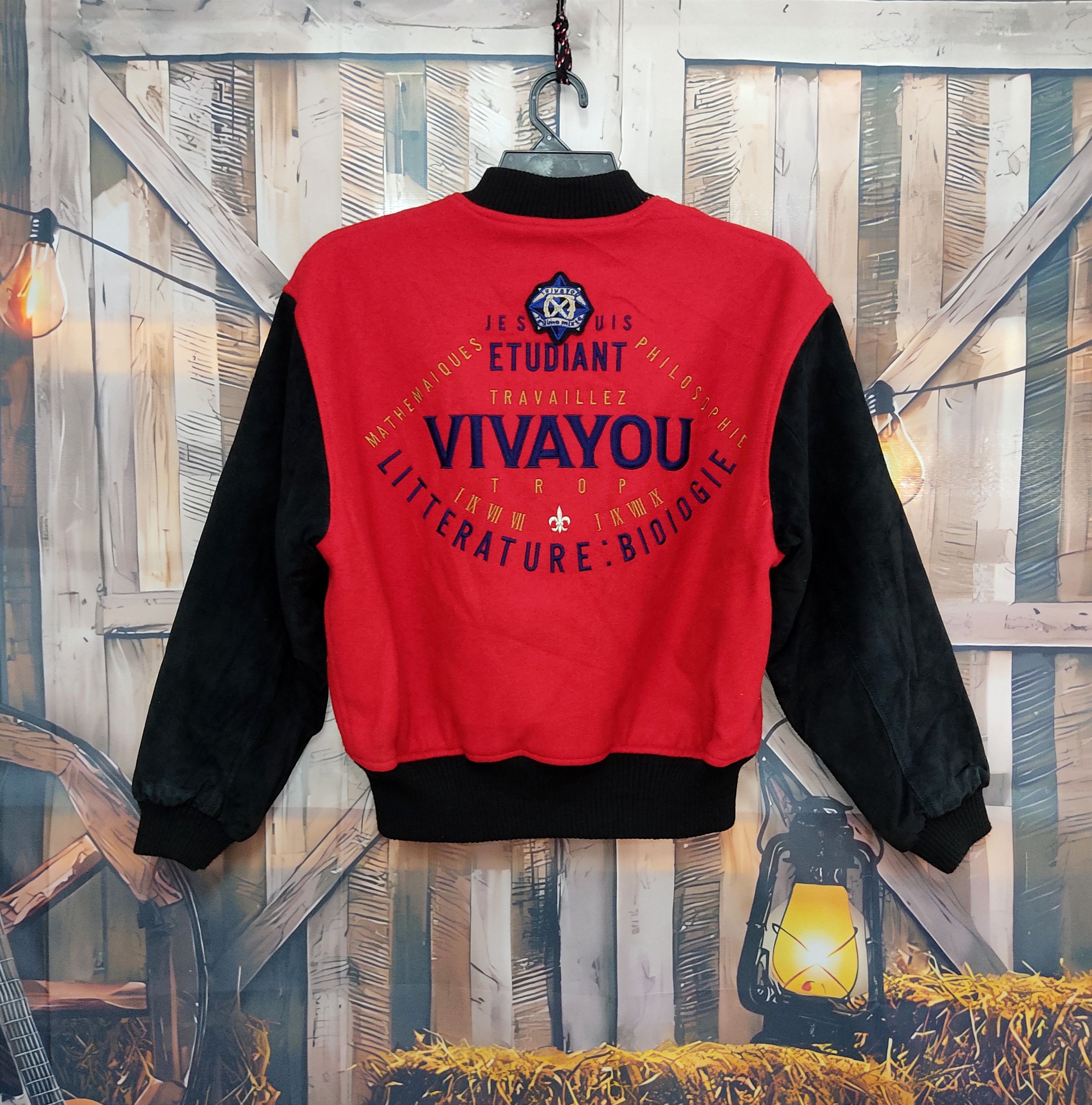 image of Vivayou Japan Leather Sleeves Wool Varsity Jacket in Red/Black, Men's (Size Medium)