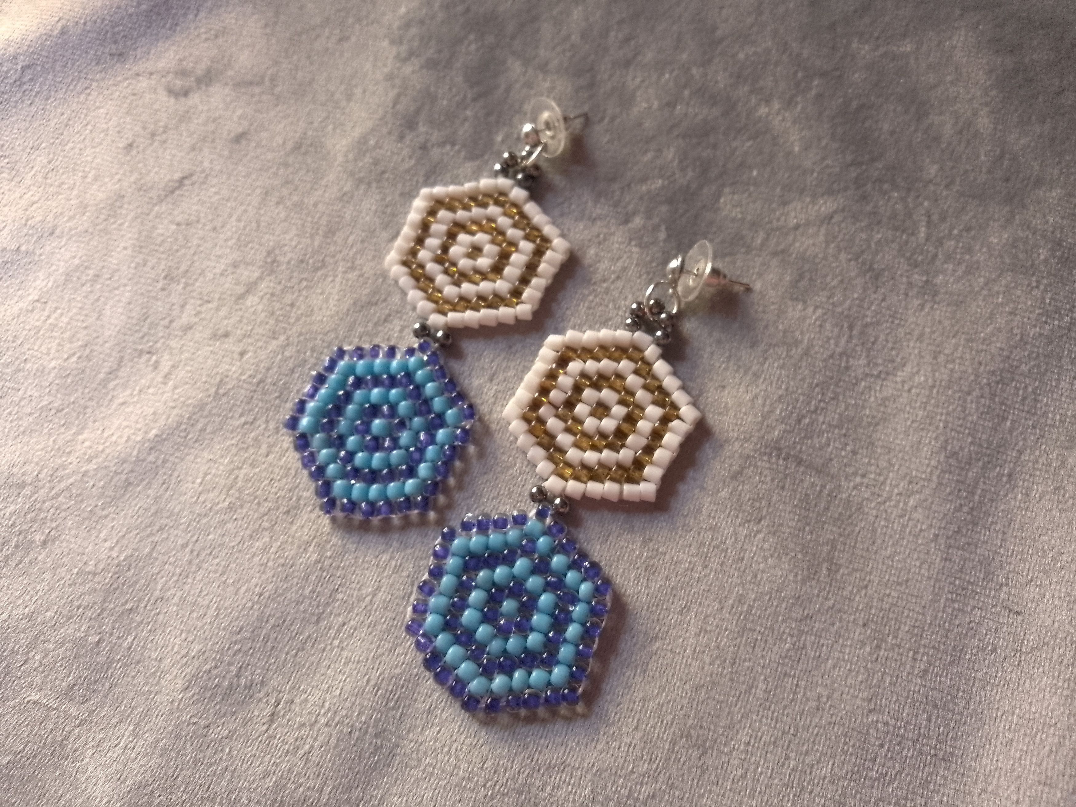 Handmade Earrings Embroidered Long Geometrical Blue Gold Ivory Size ONE SIZE - 4 Thumbnail