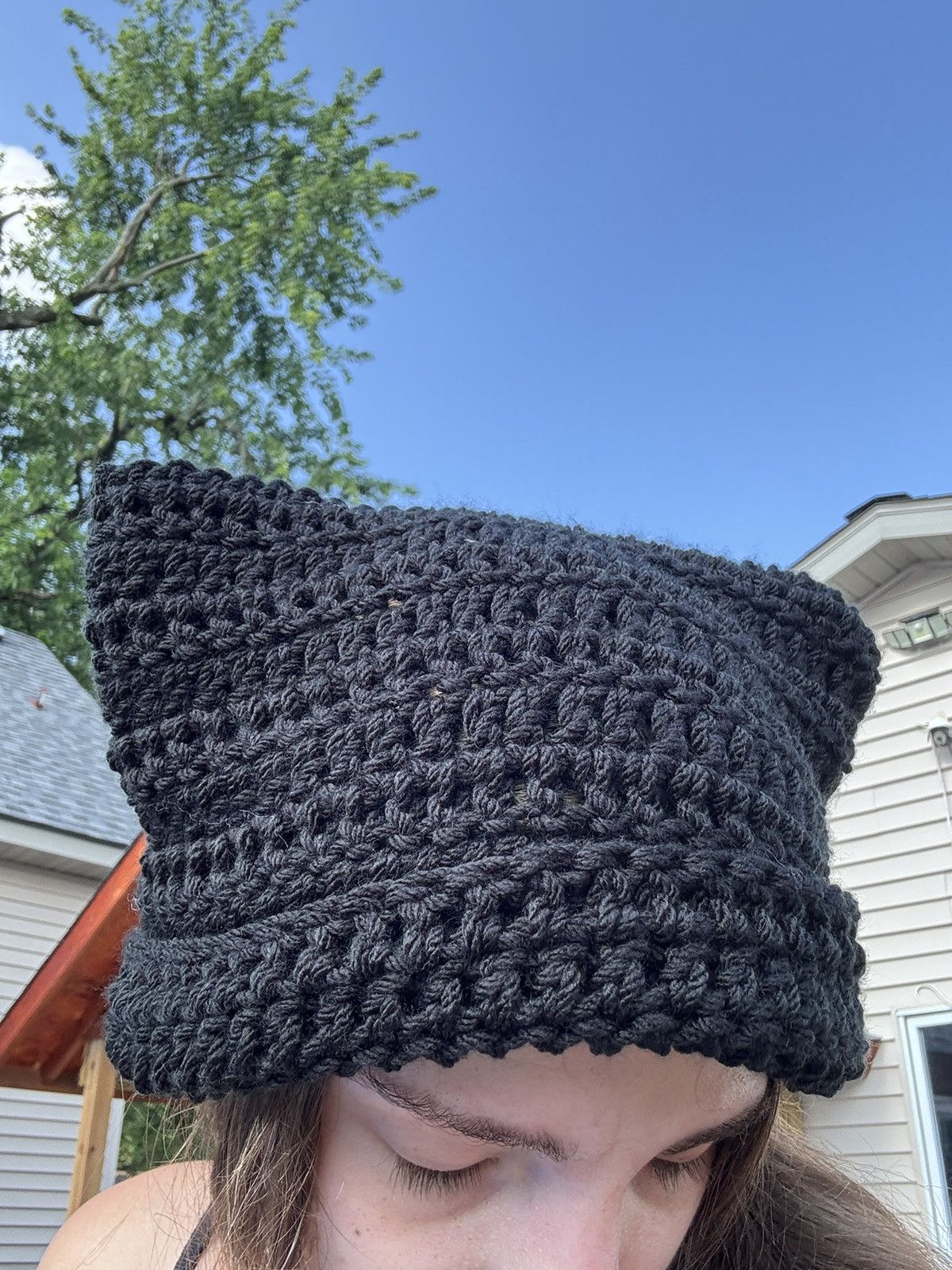 Handmade Crochet Cat Beanie - Solid Black Size ONE SIZE - 4 Thumbnail