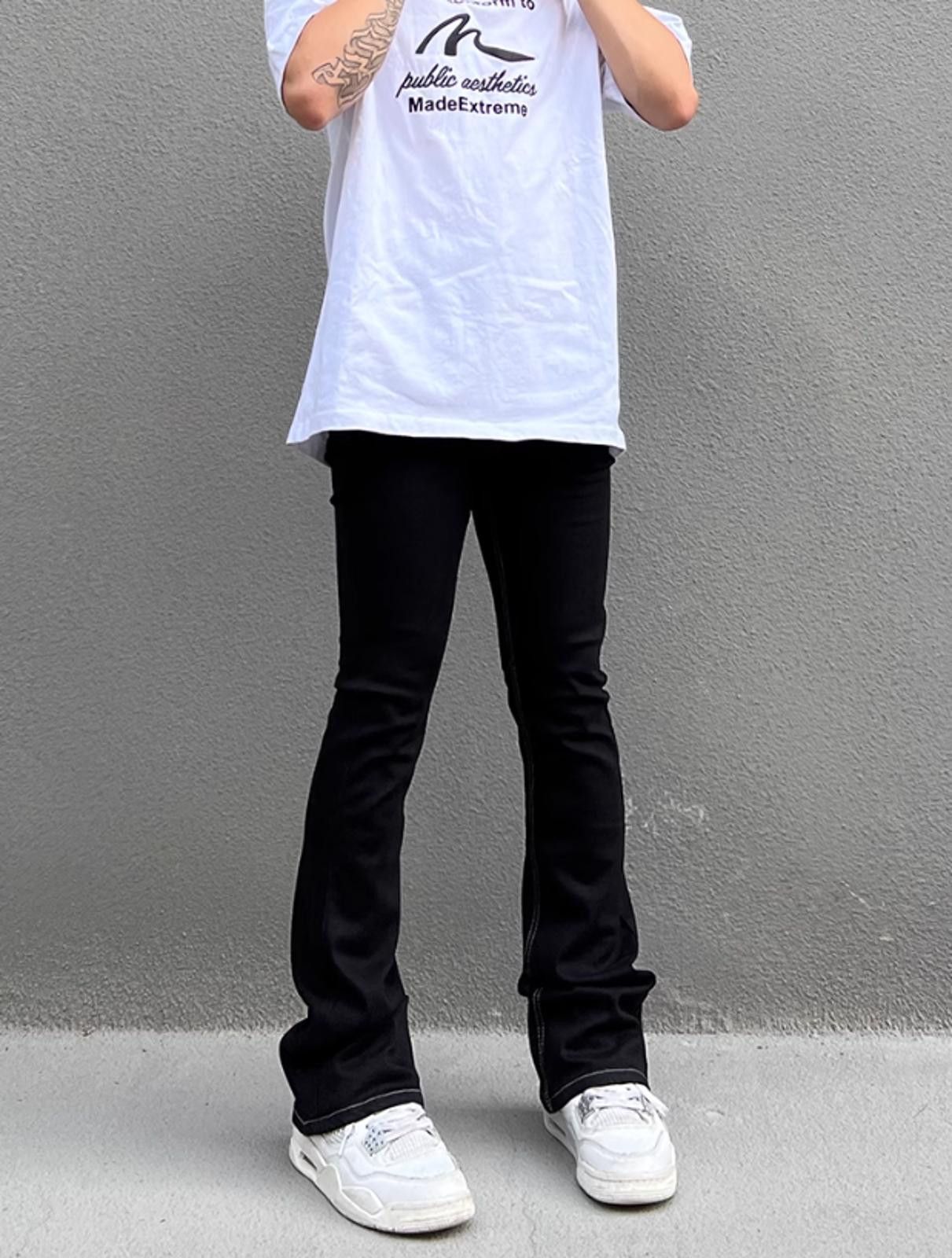 Japanese Brand Skinny Stacked Flare Black Jeans with White Stitching Size US 32 / EU 48 - 5 Thumbnail