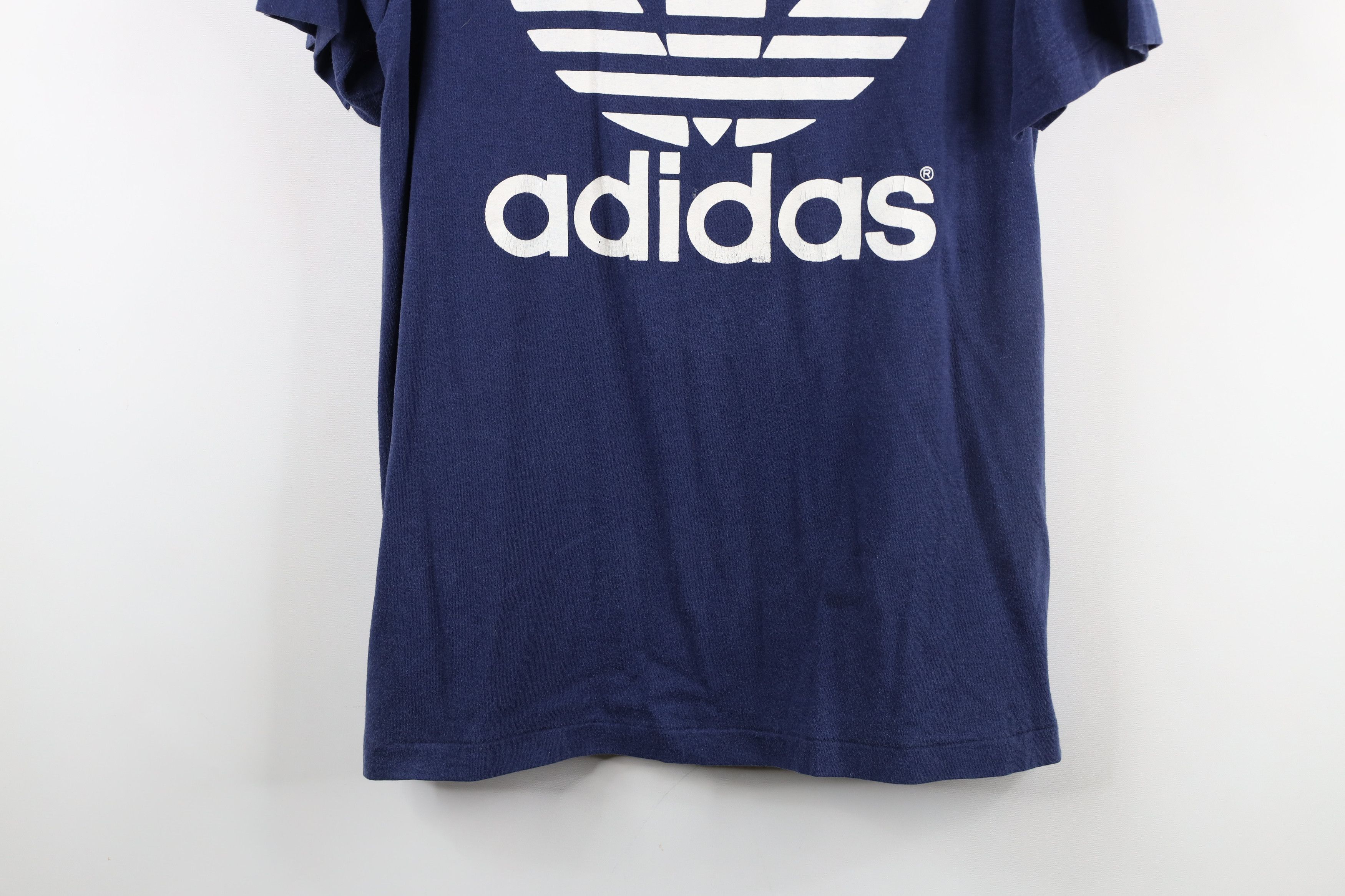 Adidas × Vintage Vintage 70s Adidas Spell Big Logo Trefoil T-Shirt Blue USA Size US L / EU 52-54 / 3 - 3 Thumbnail