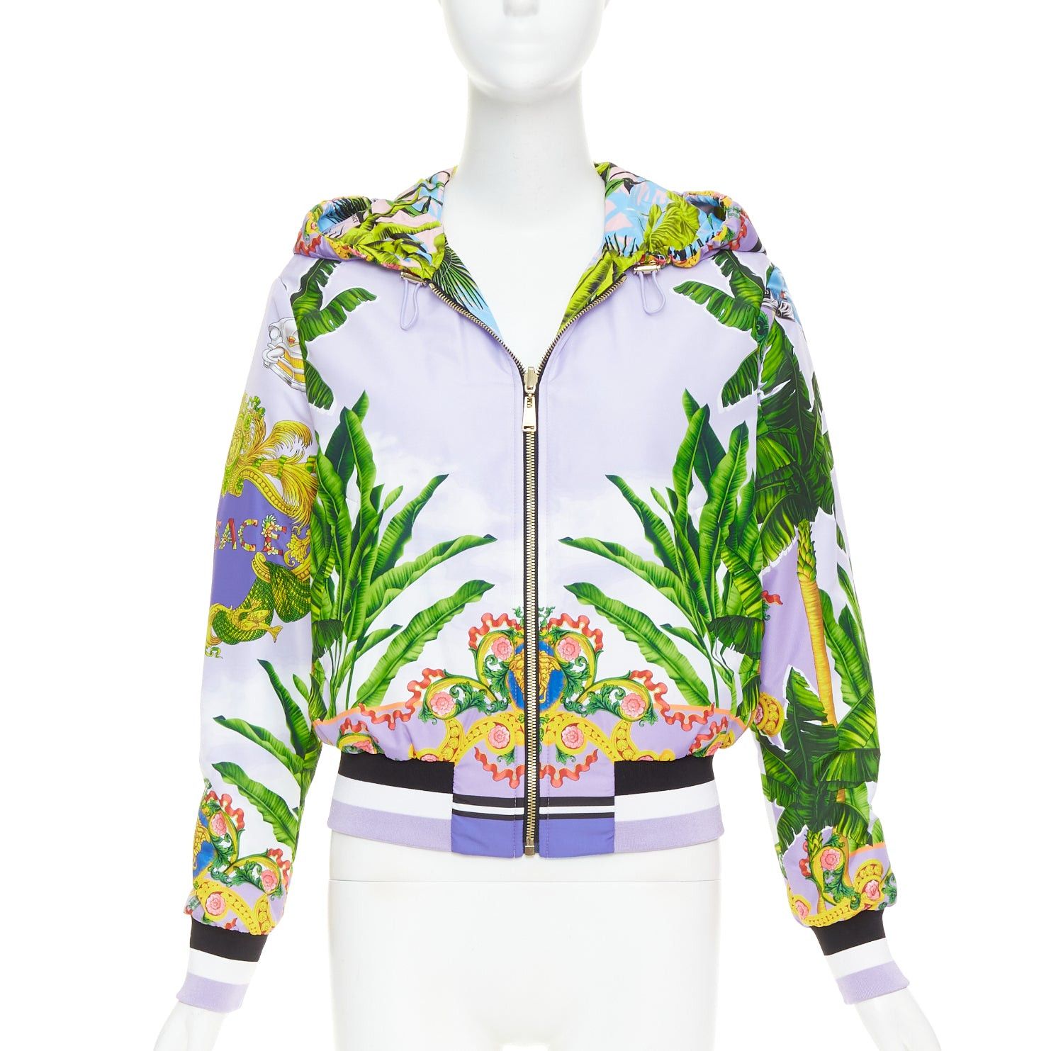 Versace VERSACE 2018 Garden print Reversible lilac tropical print nylon hooded jacket IT40 S Size S / US 4 / IT 40 - 1 Thumbnail