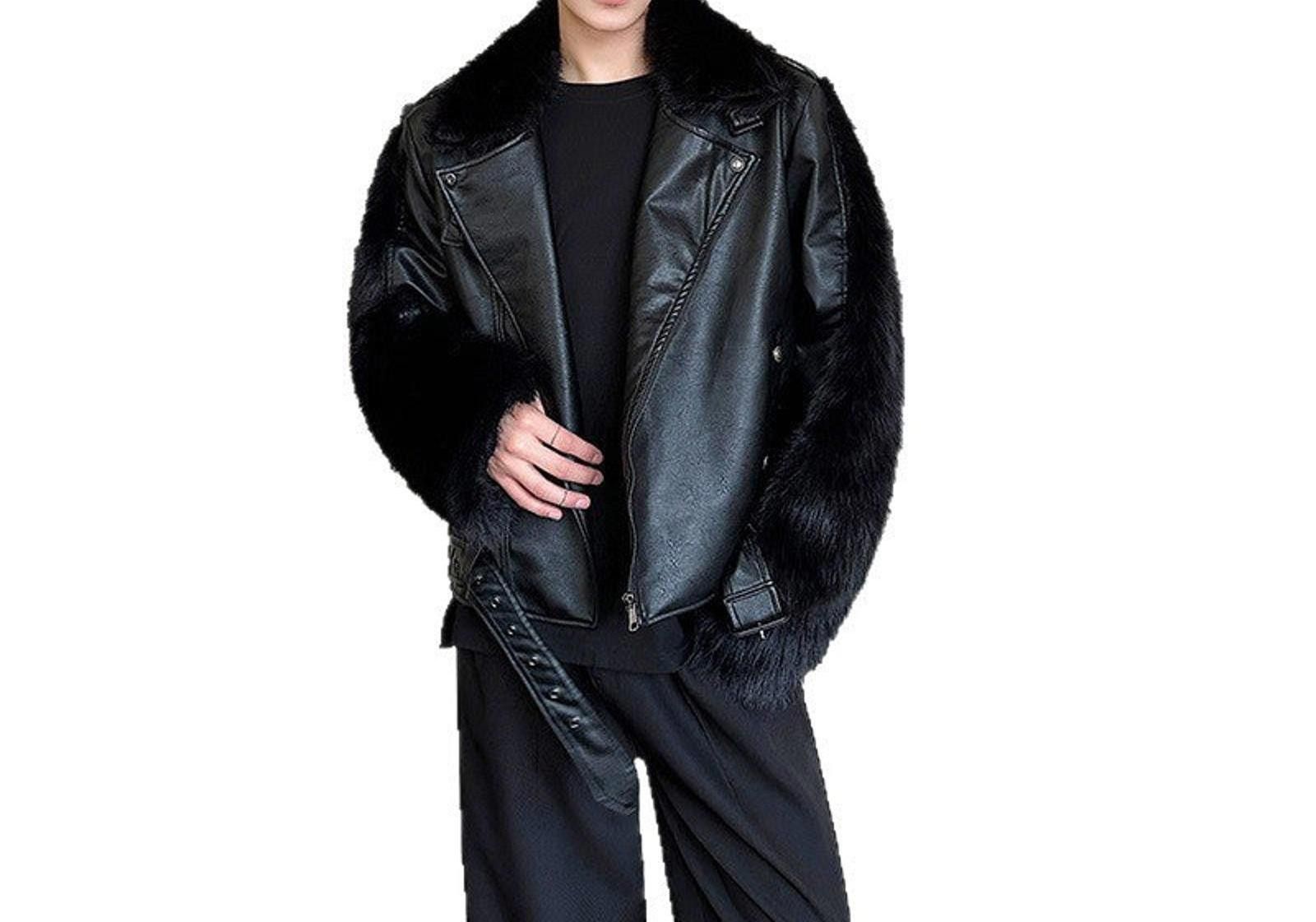 Leather Black Faux Leather Fur Trimmed Biker Jacket, Oversized Fit Size ONE SIZE - 5 Thumbnail