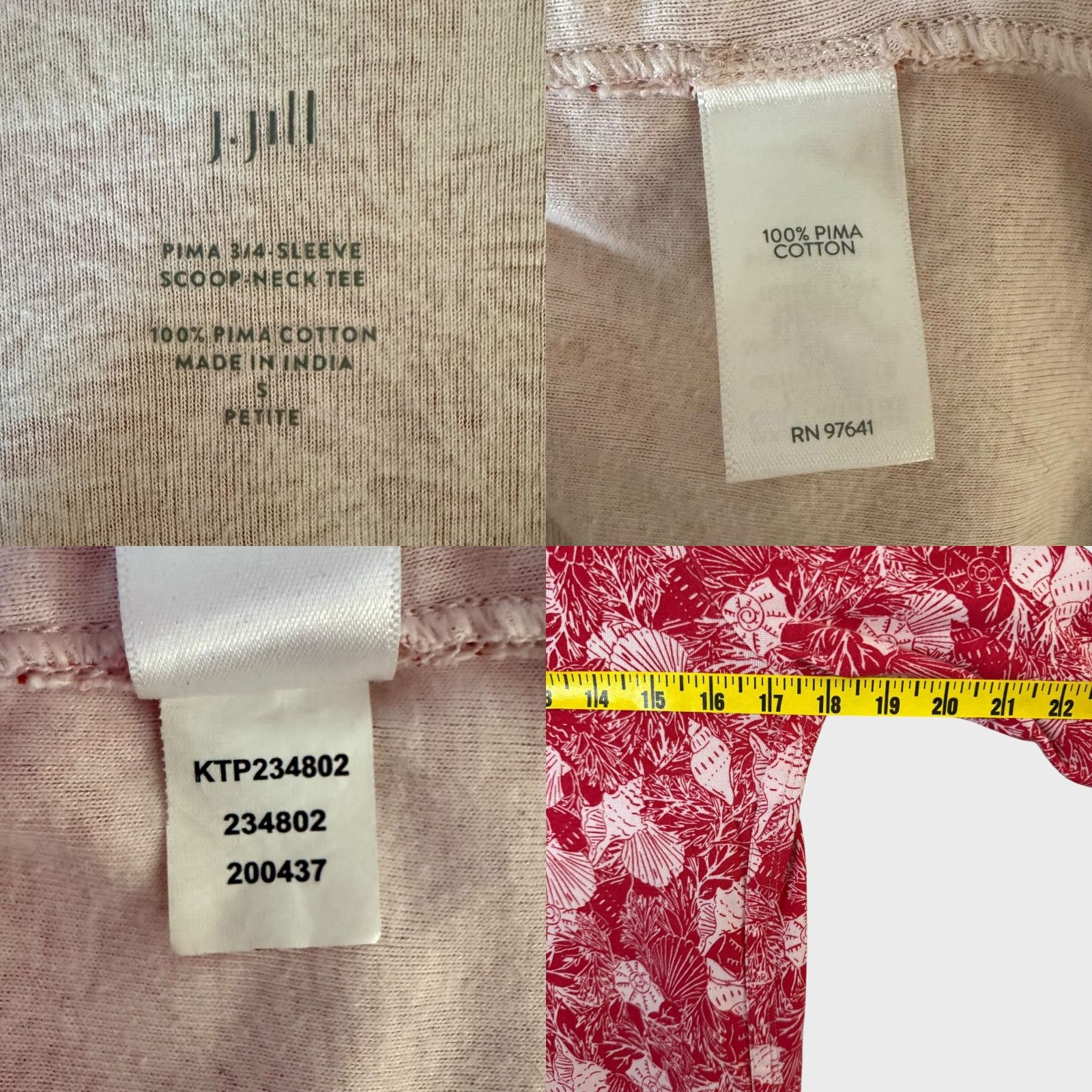 J. Jill VINTAGE J.Jill Pima Shell Print 3/4 Sleeve Scoop-Neck Tee Shirt Red Womens Petite Small Beachy Size S / US 4 / IT 40 - 8 Thumbnail