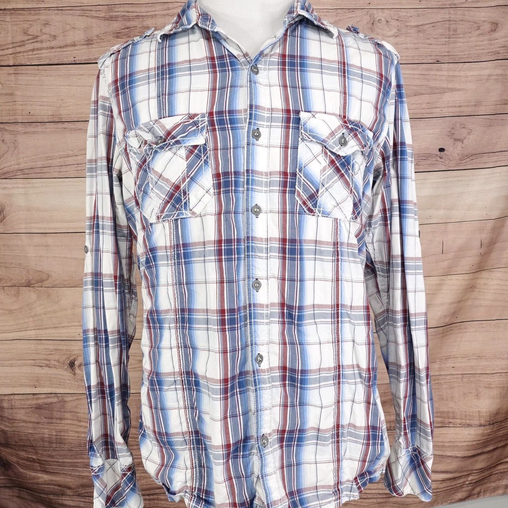 BKE BKE Shirt Mens Large White Blue Red Plaid Slim Fit Western Snap Front Casual Size US L / EU 52-54 / 3 - 3 Thumbnail