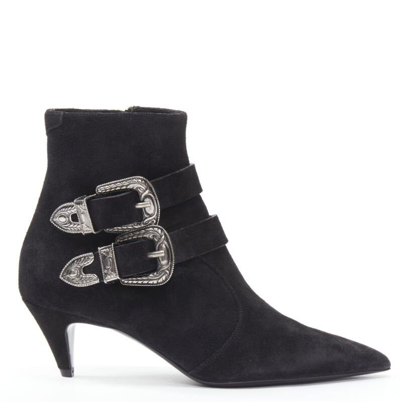 Saint Laurent Paris new SAINT LAURENT Charlotte 55 black suede silver western buckle bootie EU37 Size US 7 / IT 37 - 1 Thumbnail