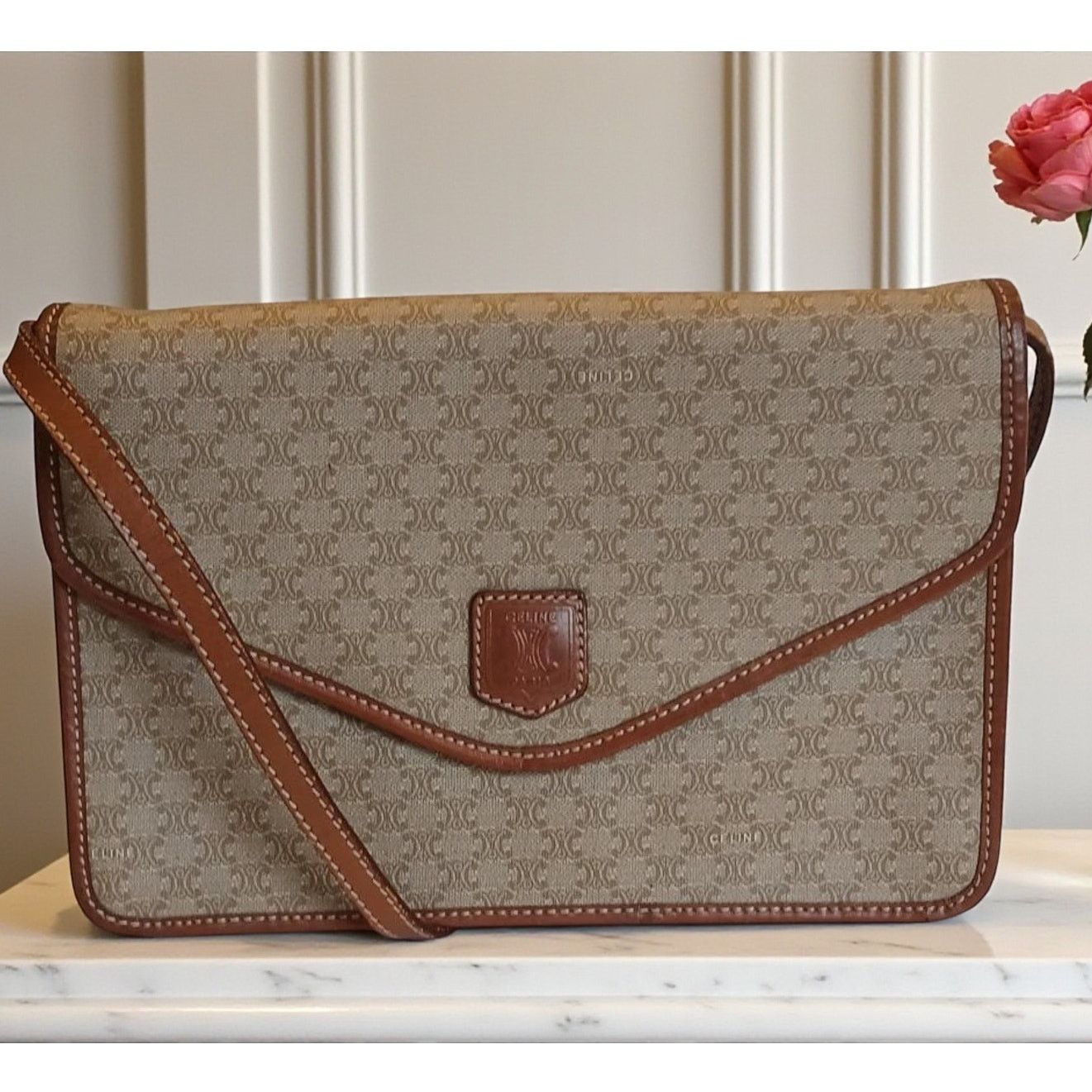 Celine Authentic Celine Triomphe Logo Macadam Beige Crossbody Bag Size ONE SIZE - 1 Thumbnail