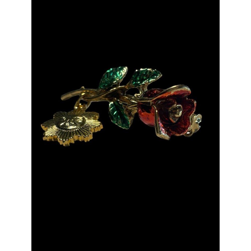 Jewelry × Vintage Vintage Gold Toned Red Rose with Dangling Sun Brooch Pin Size ONE SIZE - 2 Thumbnail