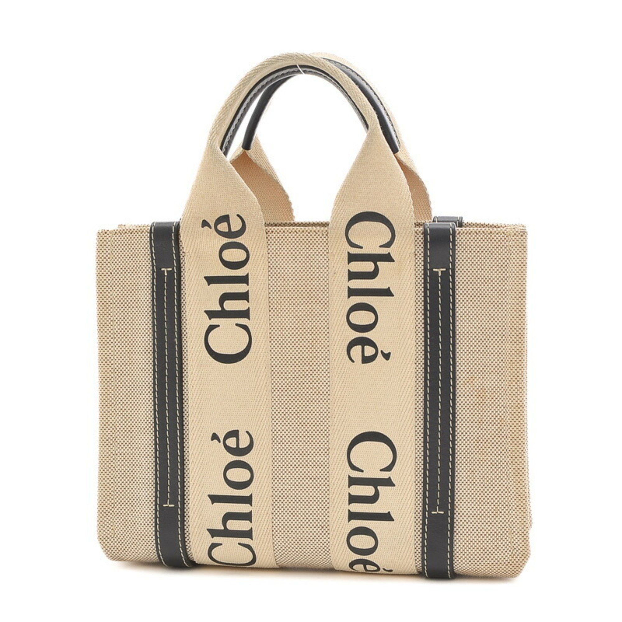 image of Chloé Chloe Woody Small Tote Bag Canvas Leather Beige Black, Women's