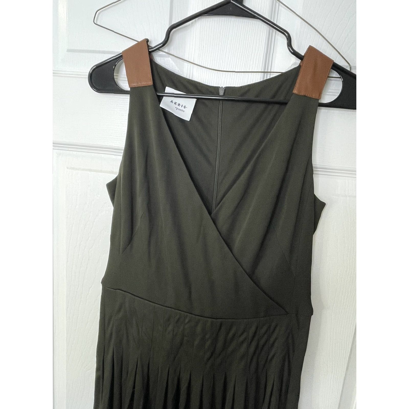 Akris Akris Dress Pleated V-Neck Midi Sheath 6 Women Olive Green Sleeveless Formal Size M / US 6-8 / IT 42-44 - 2 Thumbnail