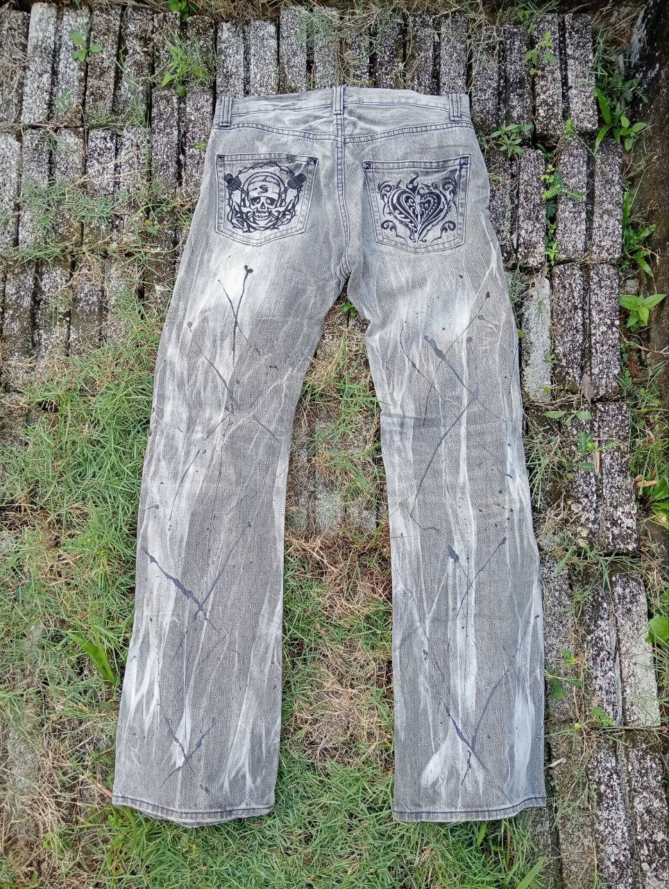 image of Beauty Beast x Skulls Flaredvintage Sorridere Japan Skull Bleach Painted Jeans in Grey (Size 33)