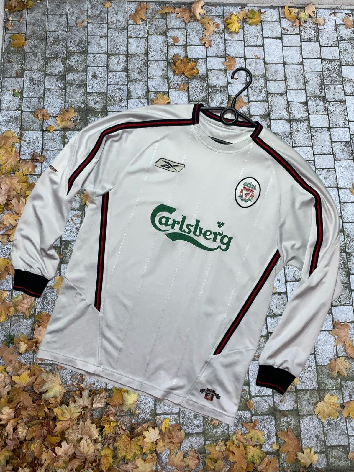 Image of Vintage Liverpool Soccer Jersey Long Sleeve Away in White, Men's (Size Small)