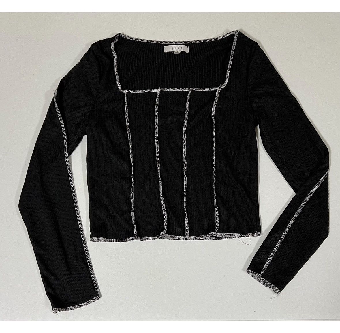 Gaelle Paris Black White Square-Neck Long Sleeve T-Shirt Top Tee Size S🤍🖤 Size S / US 4 / IT 40 - 2 Thumbnail