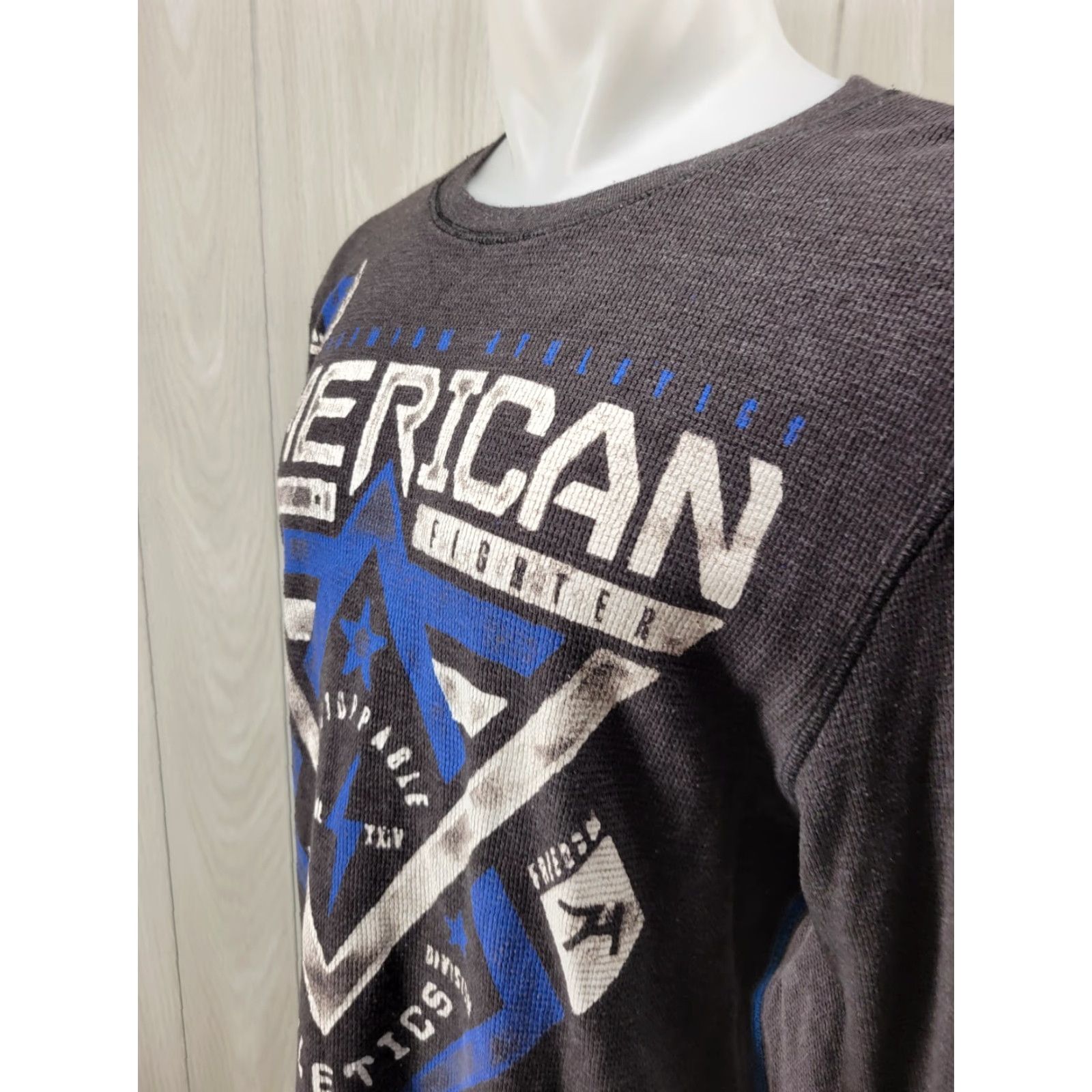 Vintage VINTAGE American Fighter Shirt Long Sleeve Thermal Mens XL Gray Blue MMA Y2k 90s Mens Shirt Size US XL / EU 56 / 4 - 3 Thumbnail