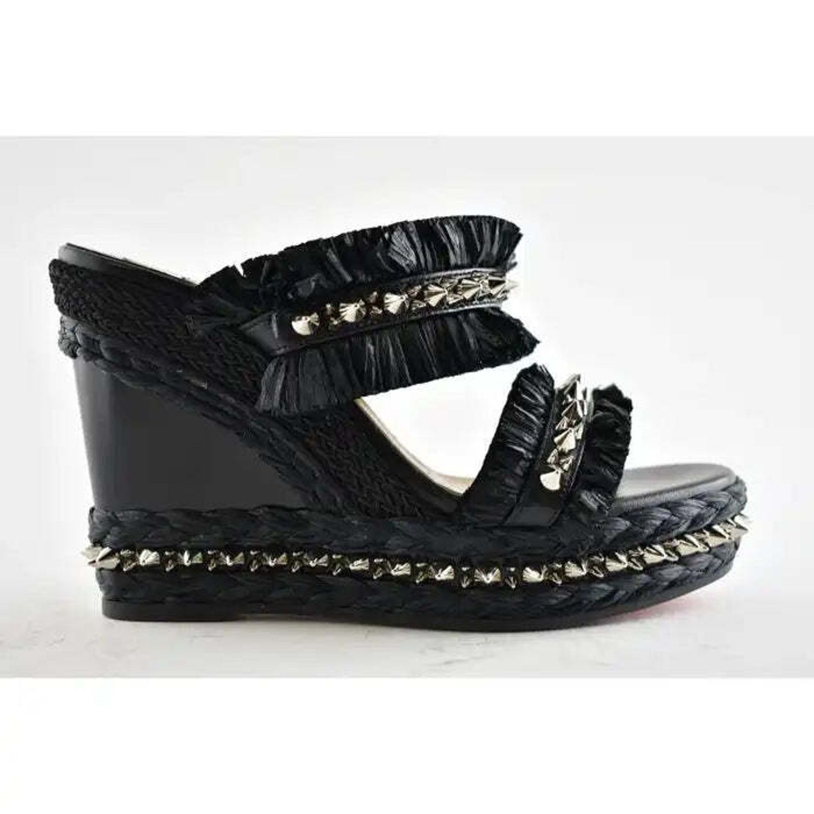 Christian Louboutin Voltinoudou 110 Black Raffia Wedge Slide Mule Sandal Heel 36 Size US 6 / IT 36 - 2 Thumbnail