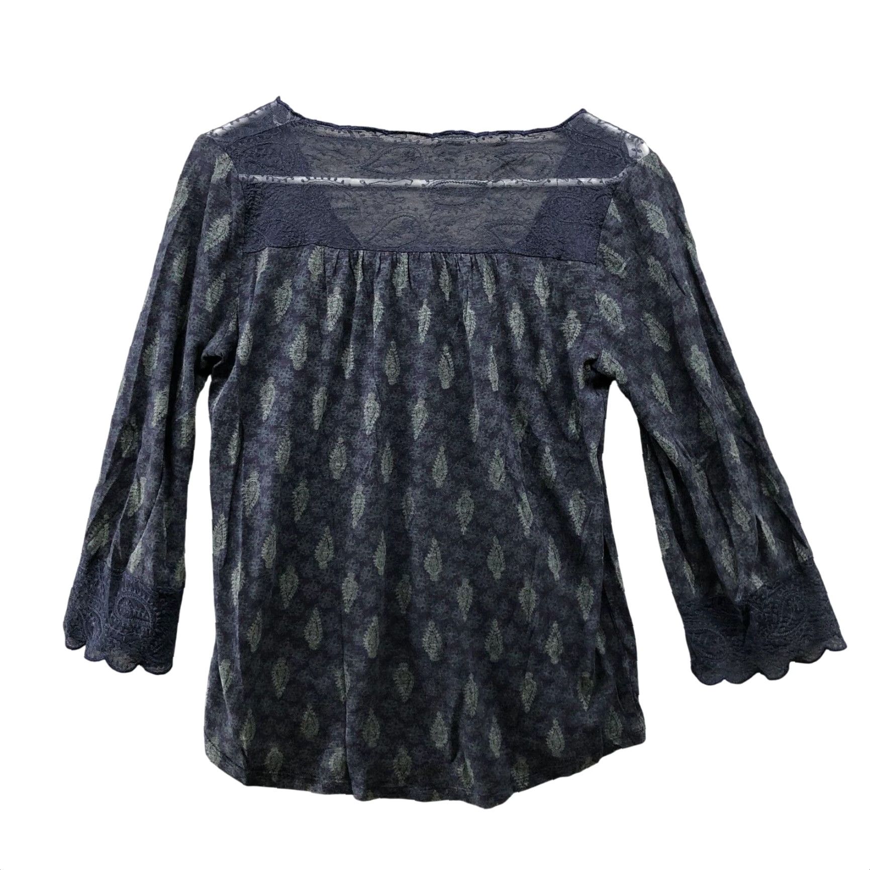 Lucky Brand Lucky Brand Boho Top Womens S Navy Blue 3/4 Sleeve V-Neck Paisley Print Cotton Blend Size S / US 4 / IT 40 - 2 Thumbnail
