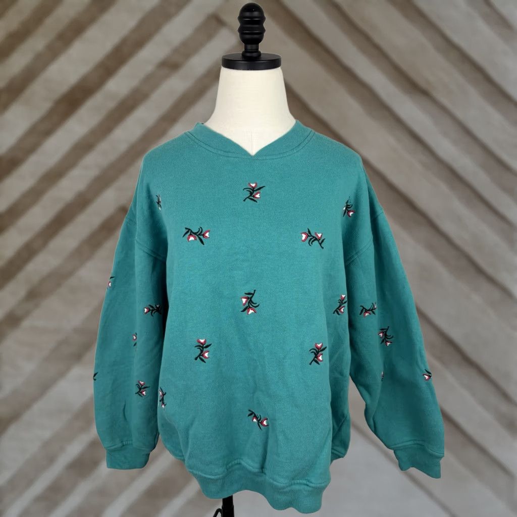 Altea VINTAGE Embroidered Sweatshirt Womens Medium Teal V-neck Relaxed Fit Grunge 90s Size M / US 6-8 / IT 42-44 - 1 Thumbnail