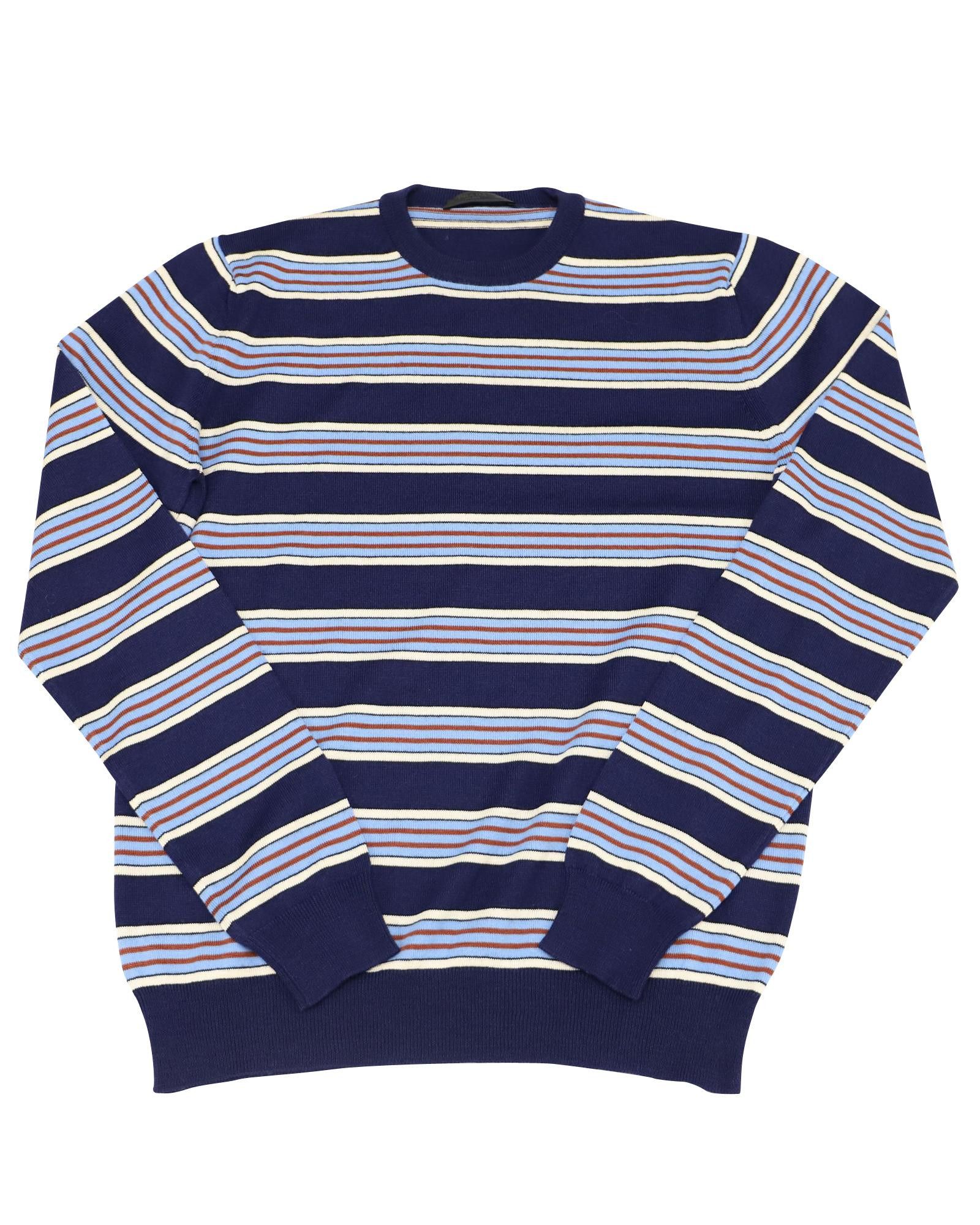 image of Prada Striped Wool And Silk Blend Crewneck Sweater With Navy Blue Accents, Men's (Size Small)