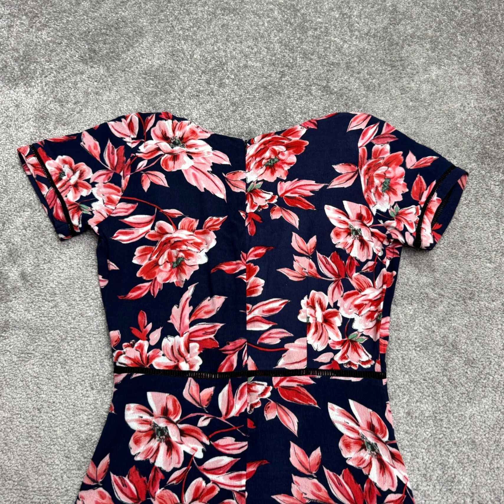 AQUA Aqua Floral Mini Dress Women M Navy Pink V-Neck Rayon Boho A-Line Short Sleeve Casual Beach Bohemian Flower Knit Pattern Multicolor Dress Size M / US 6-8 / IT 42-44 - 3 Thumbnail