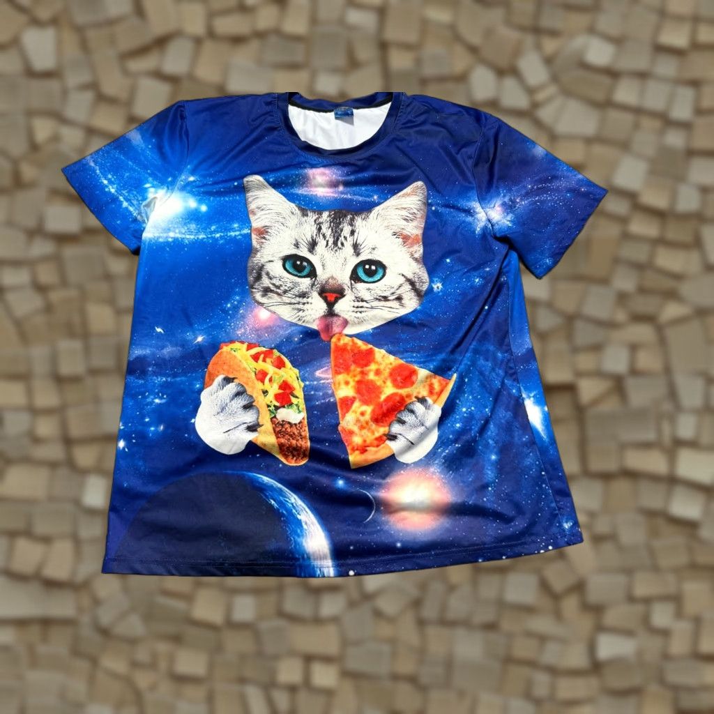 Vintage Ladipas Shirt Mens XL Blue Galaxy Cat and Pizza Print Crewneck Short Sleeve Shirt Mens XL Blue Galaxy Cat and Pizza Print Crewneck Short Sleeve Size US XL / EU 56 / 4 - 1 Thumbnail