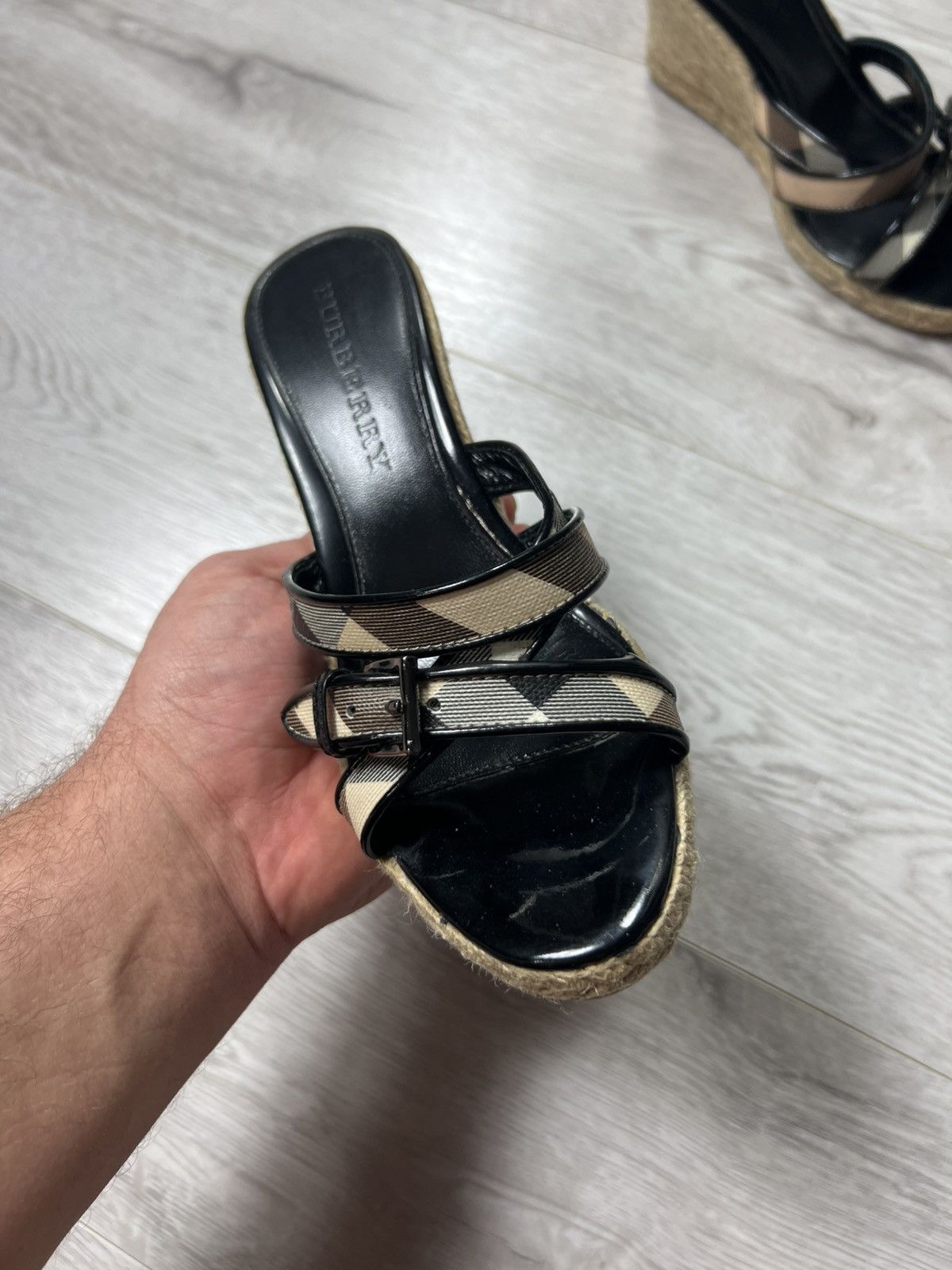 Burberry Women’s Nova Check Leather Wedge Espadrille Sandals