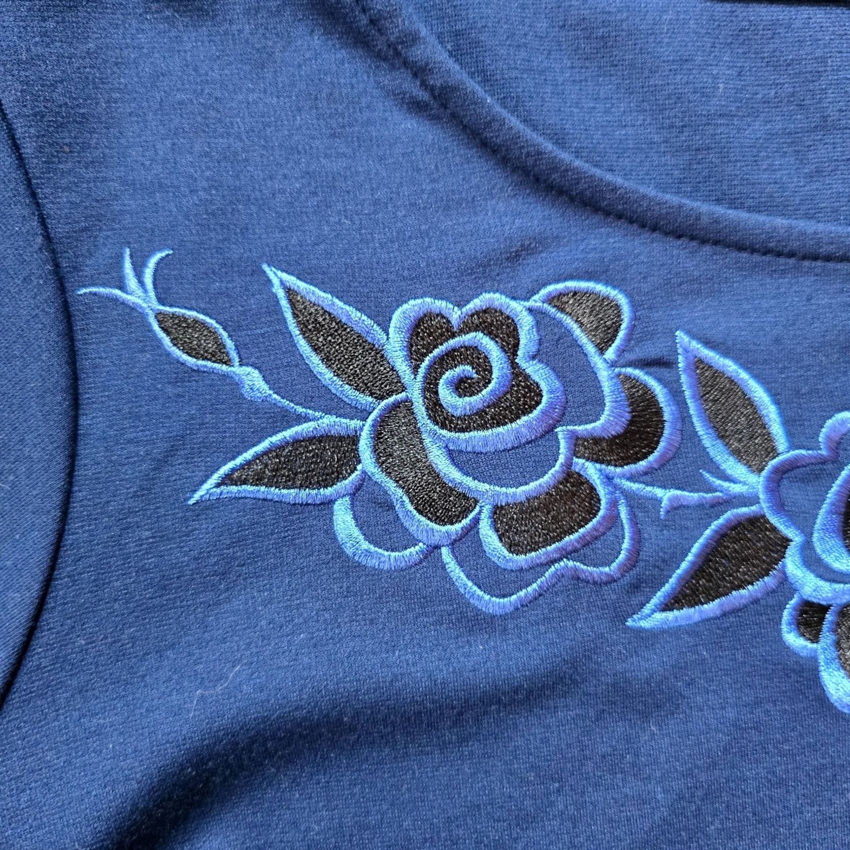 Bob Mackie Bob Mackie Dress Womens 1X Blue Floral Embroidery 3/4 Sleeve Stretch Casual Shift Knee Length Knit's Polyester Spandex Pullover Machine Washable Women Size XL / US 12-14 / IT 48-50 - 3 Thumbnail