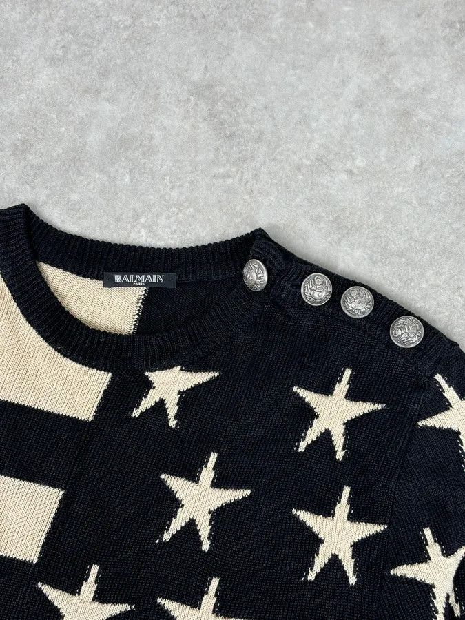 Balmain SS2016 Balmain Black Cream Linen Stars Ripped Sweater Size US L / EU 52-54 / 3 - 7 Thumbnail