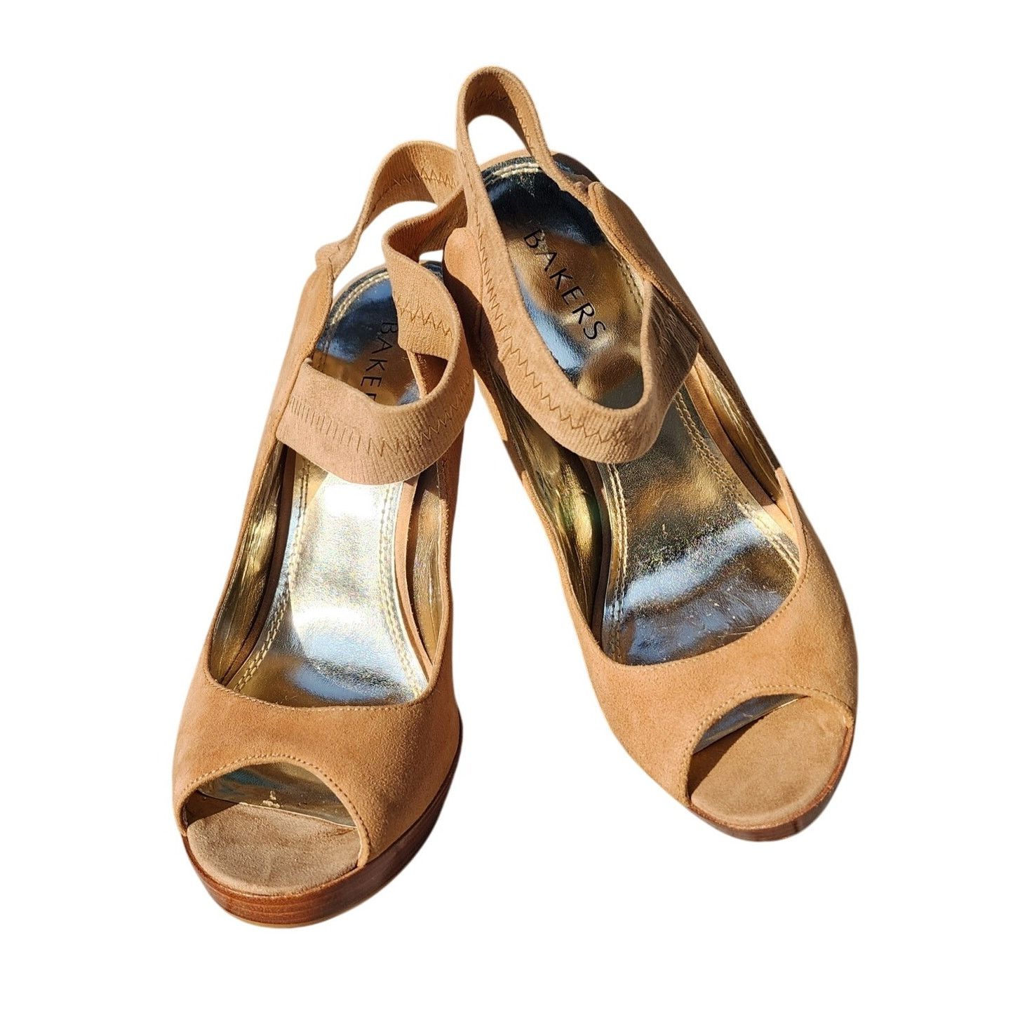 Designer Bakers Debbi Camel Suede Peep Toe Stiletto Heels 9M Size US 9 / IT 39 - 1 Thumbnail