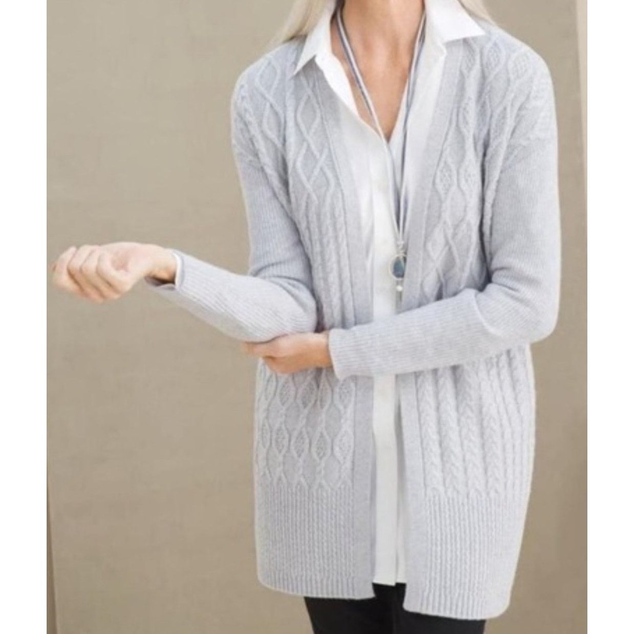 Chicos Chico's Wool Cashmere Blend Grey Cable Knit Cardigan - L Size L / US 10 / IT 46 - 2 Thumbnail