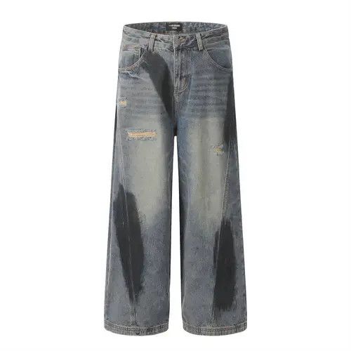 Jean American men's loose graffiti ripped straight jeans Size US 32 / EU 48 - 1 Thumbnail