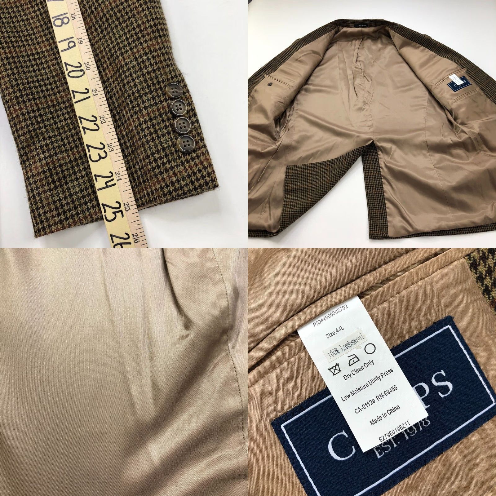 Chaps Chaps Sport Coat Jacket Mens 44L Houndstooth Brown 100% Lambswool Button Single-Breasted Notch Lapel Wool Coat Size US S / EU 44-46 / 1 - 8 Thumbnail