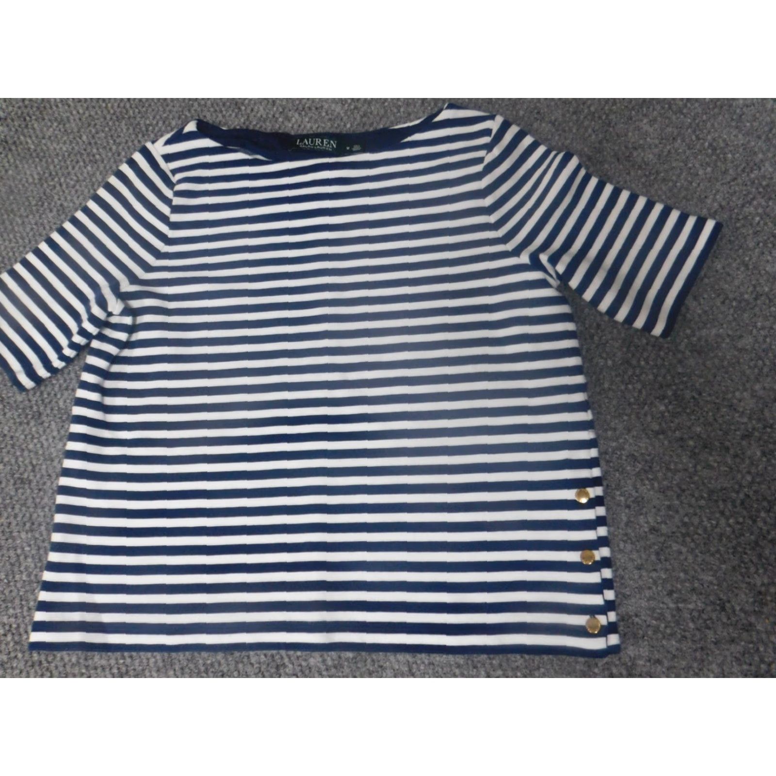 Ralph Lauren Lauren Ralph Lauren Blouse Womens Medium Blue Striped Pullover Short Sleeve Round Neck Stretch Casual Regular Size M / US 6-8 / IT 42-44 - 3 Thumbnail