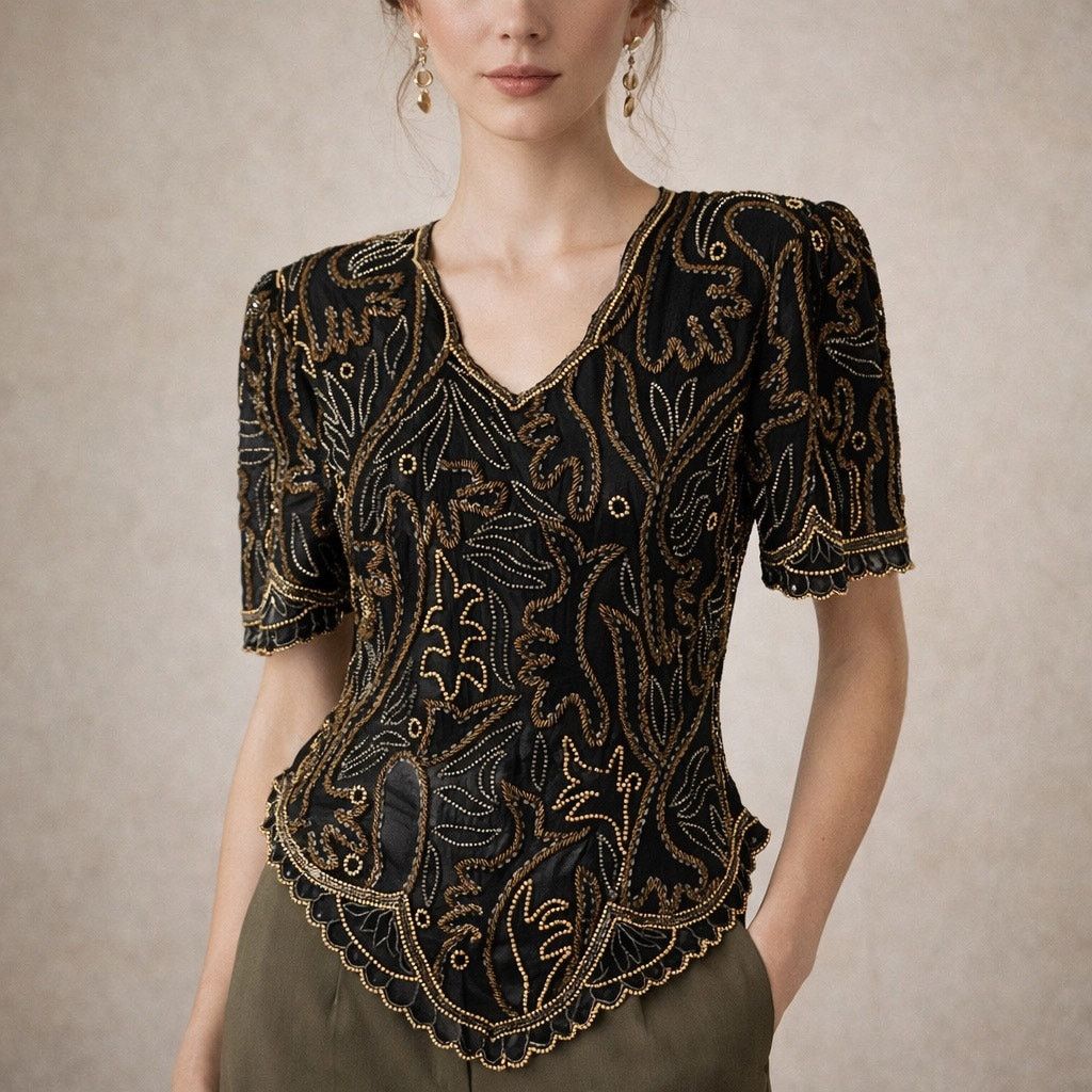 Vintage Vintage Lawrence Kazar Silk Sequin Blouse Cocktail Top M Size M / US 6-8 / IT 42-44 - 1 Thumbnail