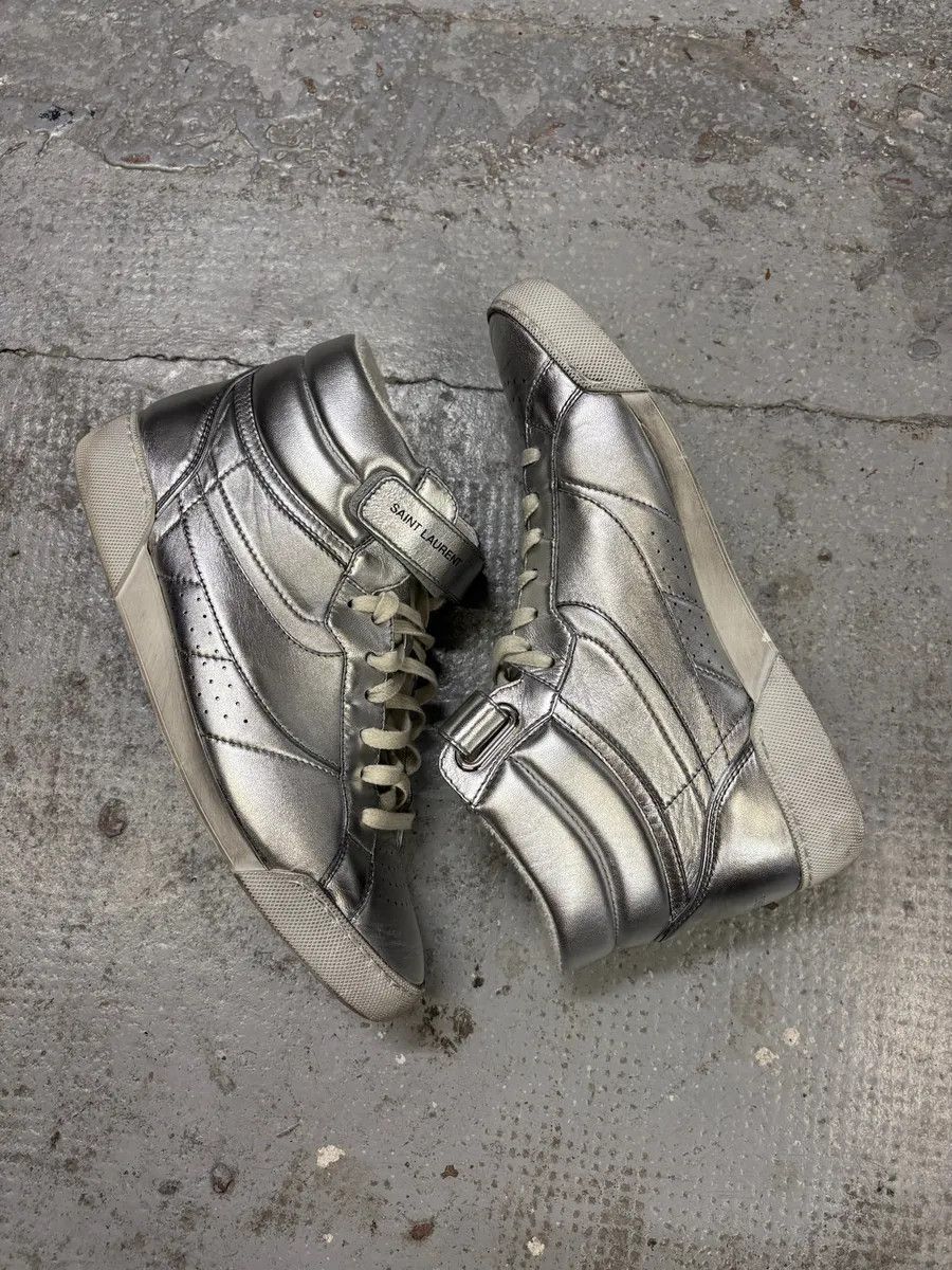 Designer × Saint Laurent Paris × Vintage 2010s Saint Laurent Lenny Silver Grey High Sneakers Size US 7.5 / EU 40-41 - 4 Thumbnail