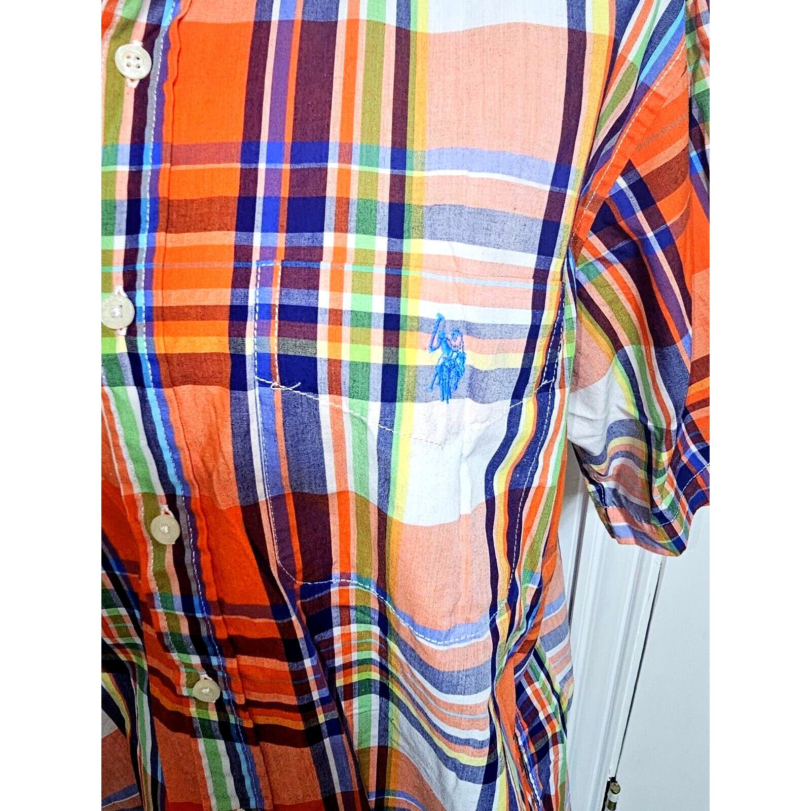 U.S. Polo Assn. US Polo Assn Mens Large Orange Blue Plaid Short Sleeve Size US L / EU 52-54 / 3 - 7 Thumbnail