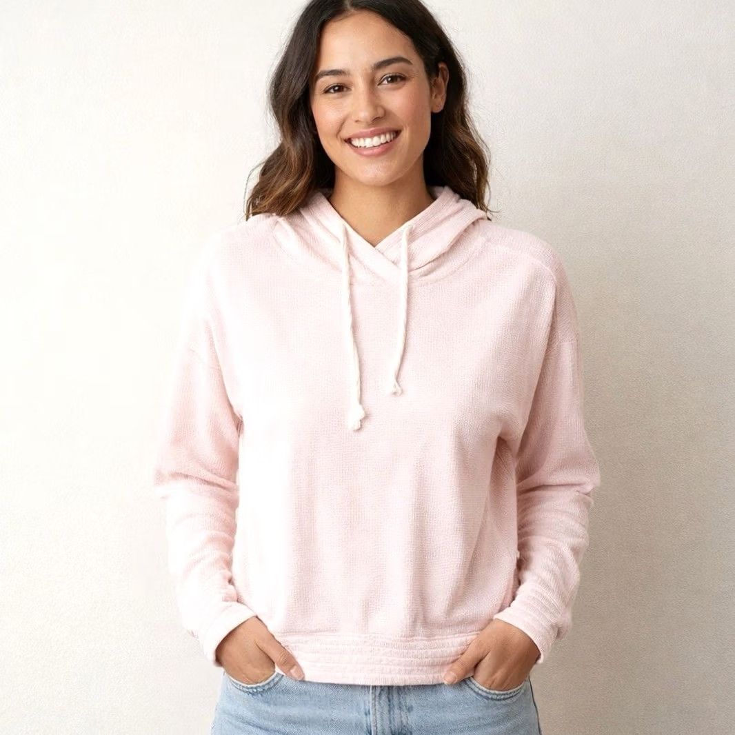 Vintage Pact Hoodie Women Small Pink Pullover Hooded Sweatshirt Organic Cotton Waffle Knit Size S / US 4 / IT 40 - 2 Thumbnail