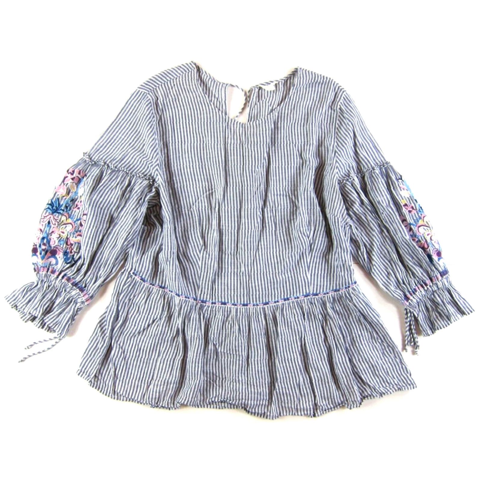 Vintage CASLON Blouse Tunic Women 1X Blue White Stripe Pink Embroidered Floral Casual Sleeves 3/4 Cotton Tunic Peasant Size XL / US 12-14 / IT 48-50 - 2 Thumbnail