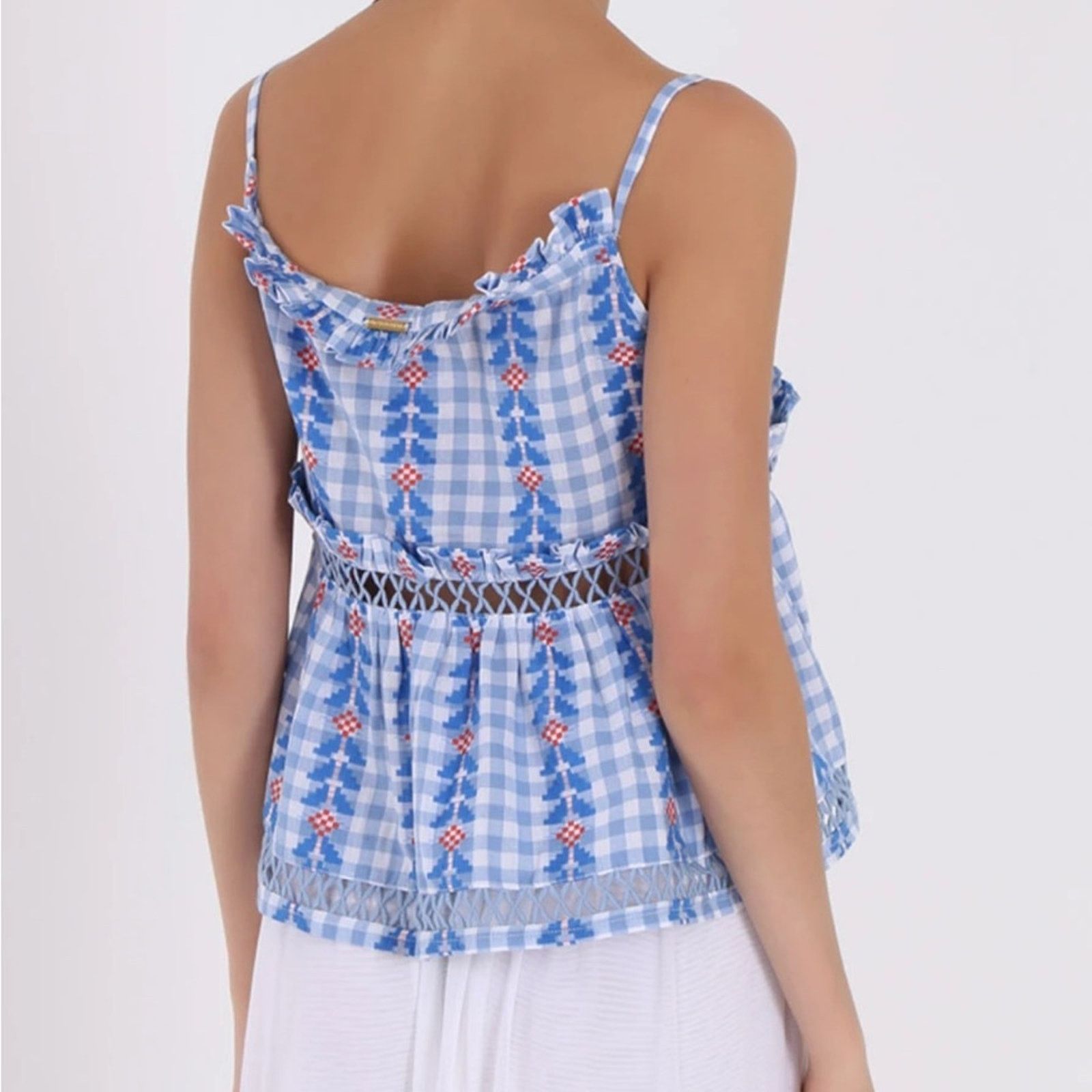 Dodo Bar Or DoDo Bar Or Blue & White Gingham Print Tie Tassel Top Sz M Size M / US 6-8 / IT 42-44 - 2 Thumbnail