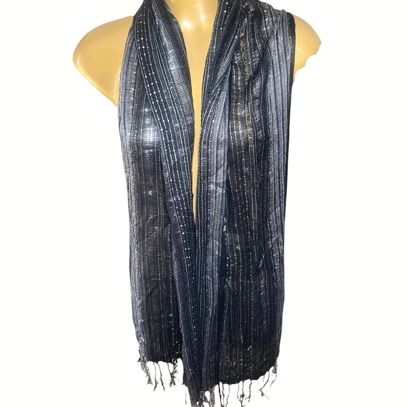 Other Black Shawl Sheer Vest With Silver Threads & Sequins Fringe Size XL / US 12-14 / IT 48-50 - 3 Thumbnail